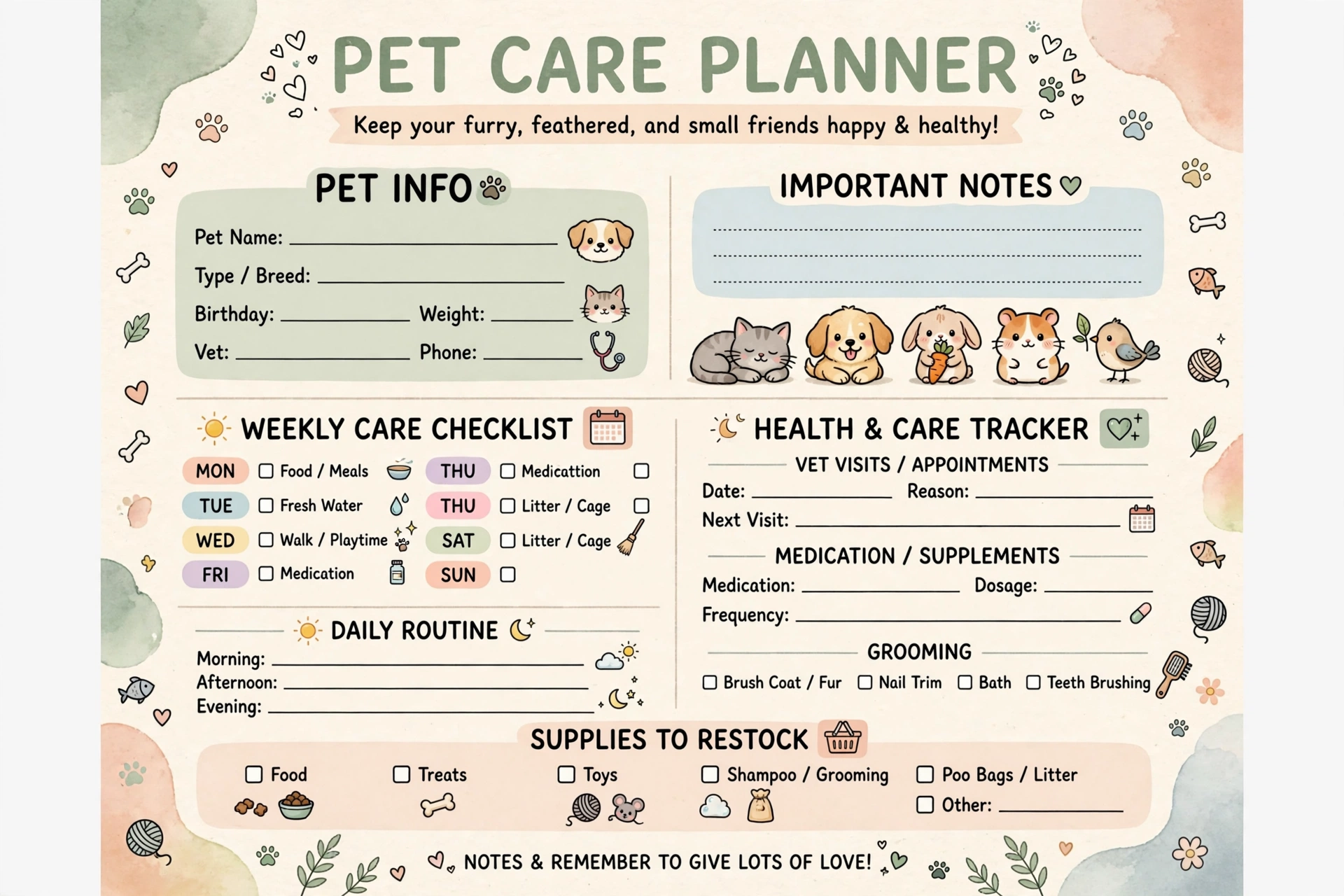 Pet care planner printable with feeding schedule vet records and medication tracker