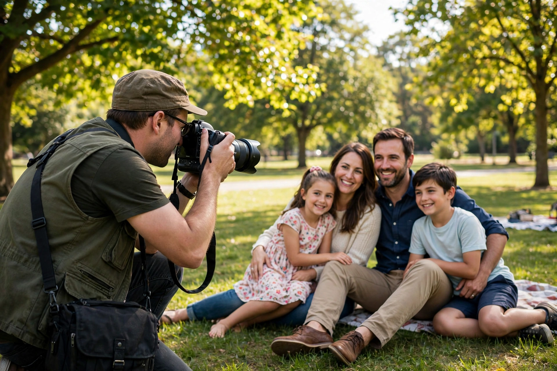 Photographer capturing a family portrait in a sunny park
