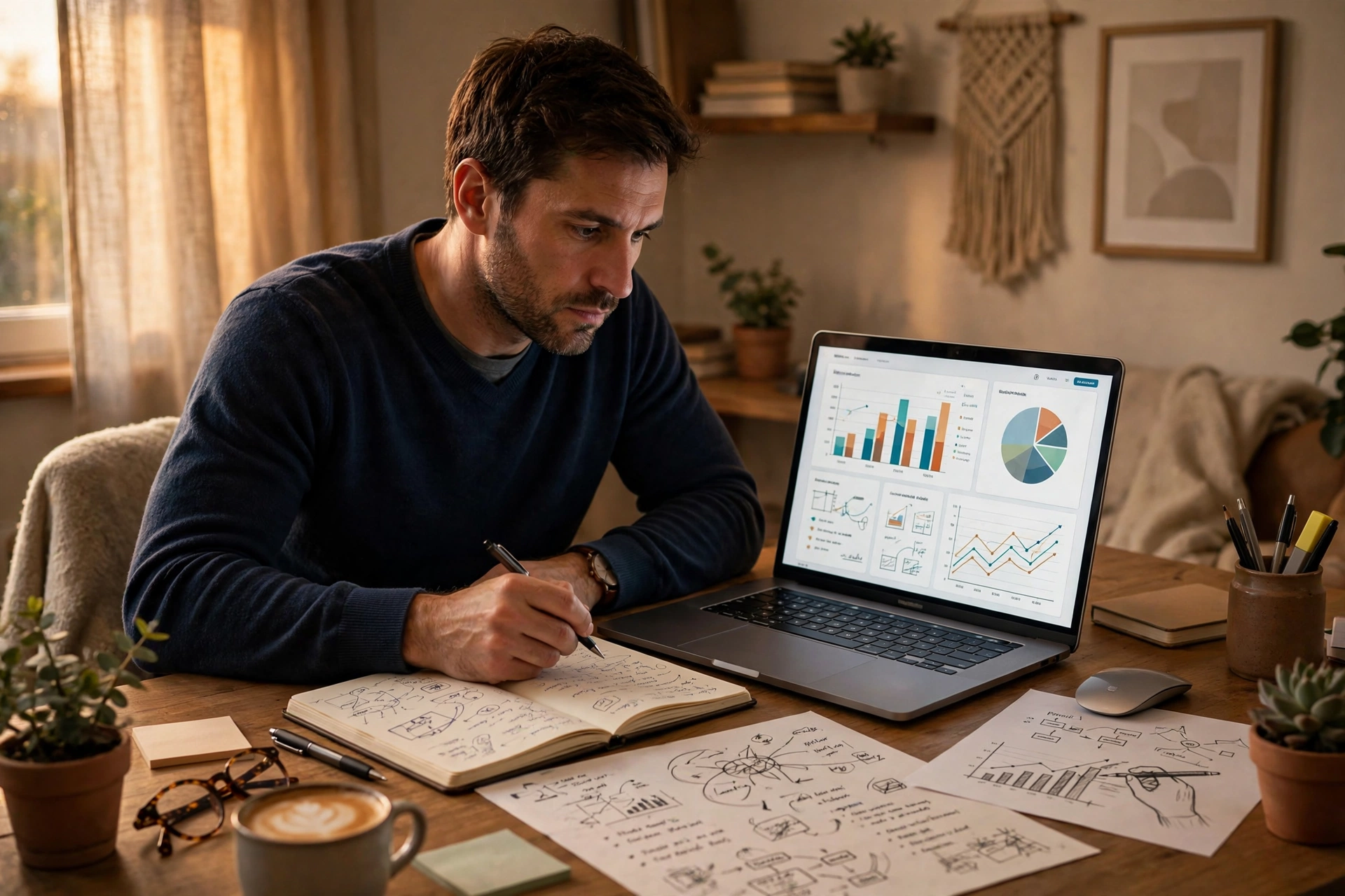 Entrepreneur choosing a profitable AI service niche on a laptop