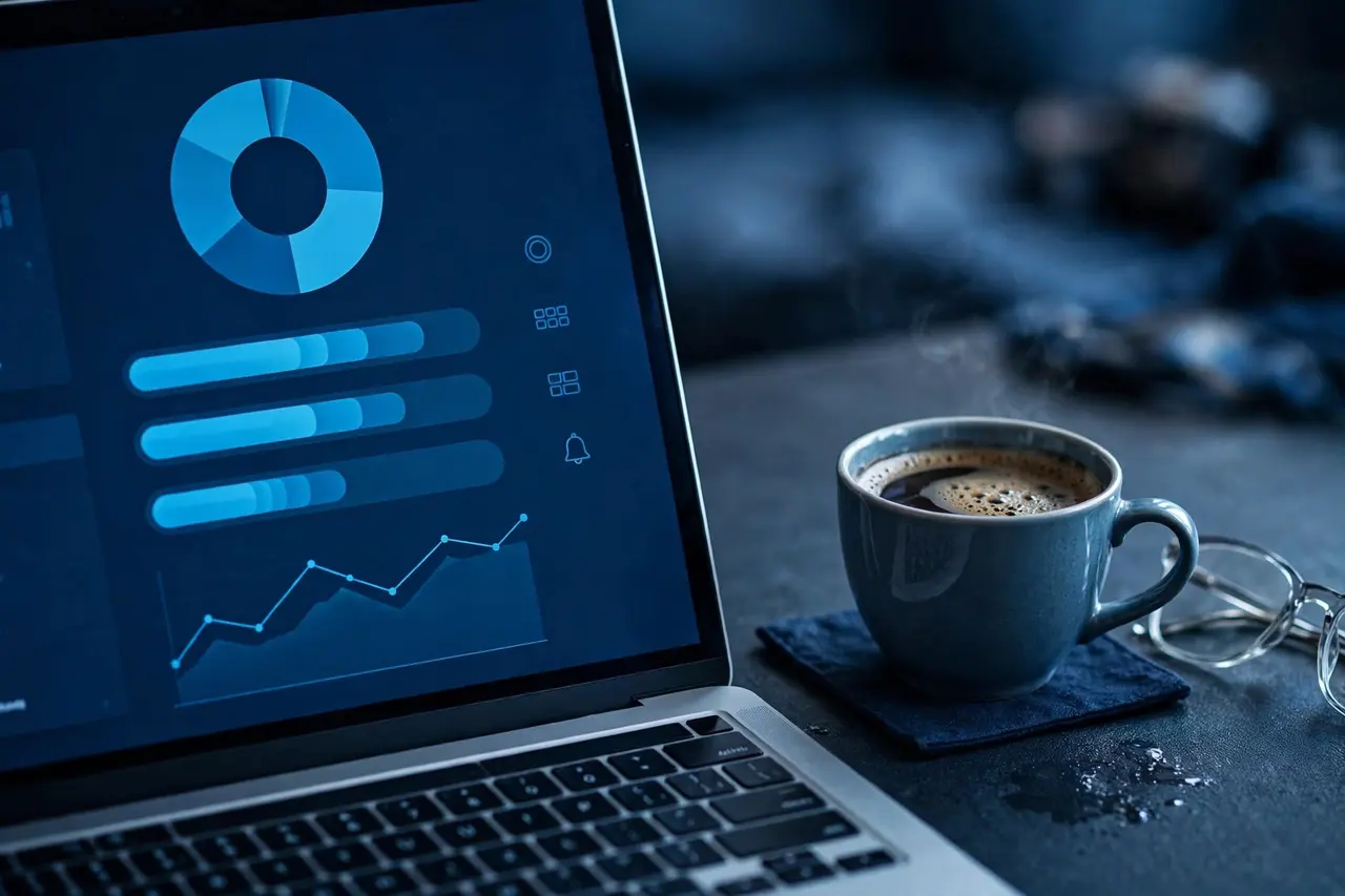 Close-up of a laptop showing an online payment dashboard with coffee and glasses on the desk