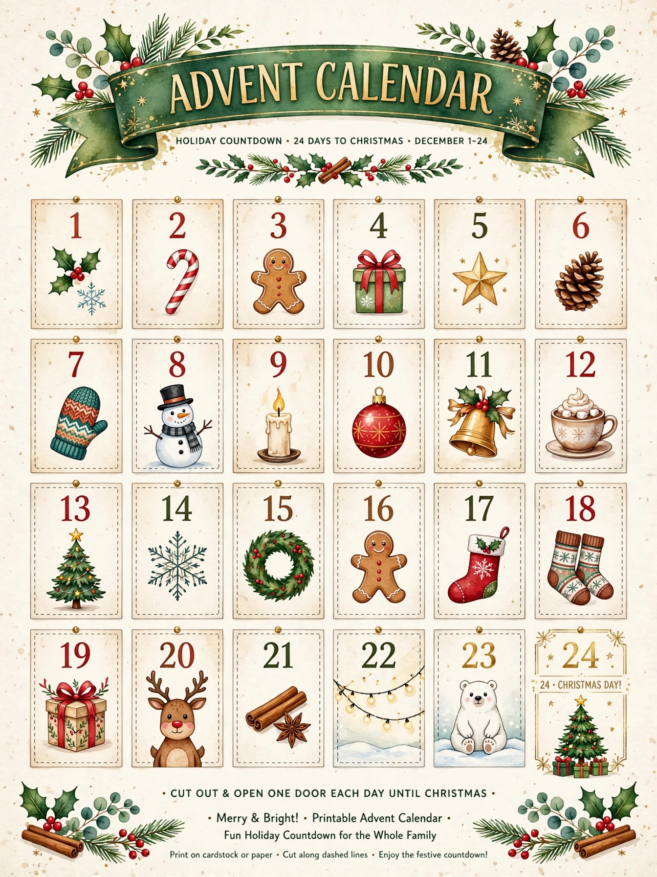 Printable advent calendar with numbered doors for the holiday countdown