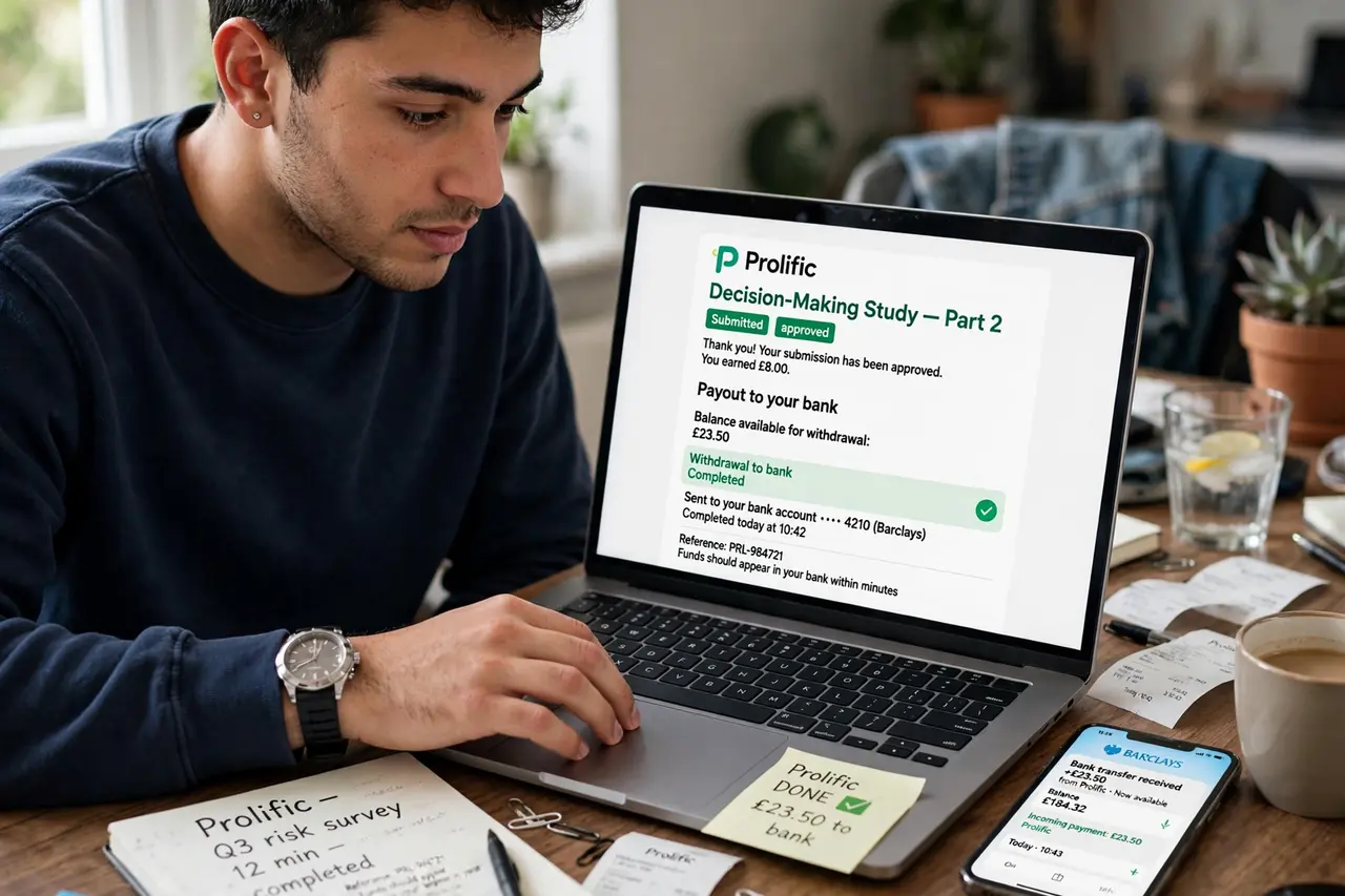 Person completing a Prolific research study on laptop with bank payout