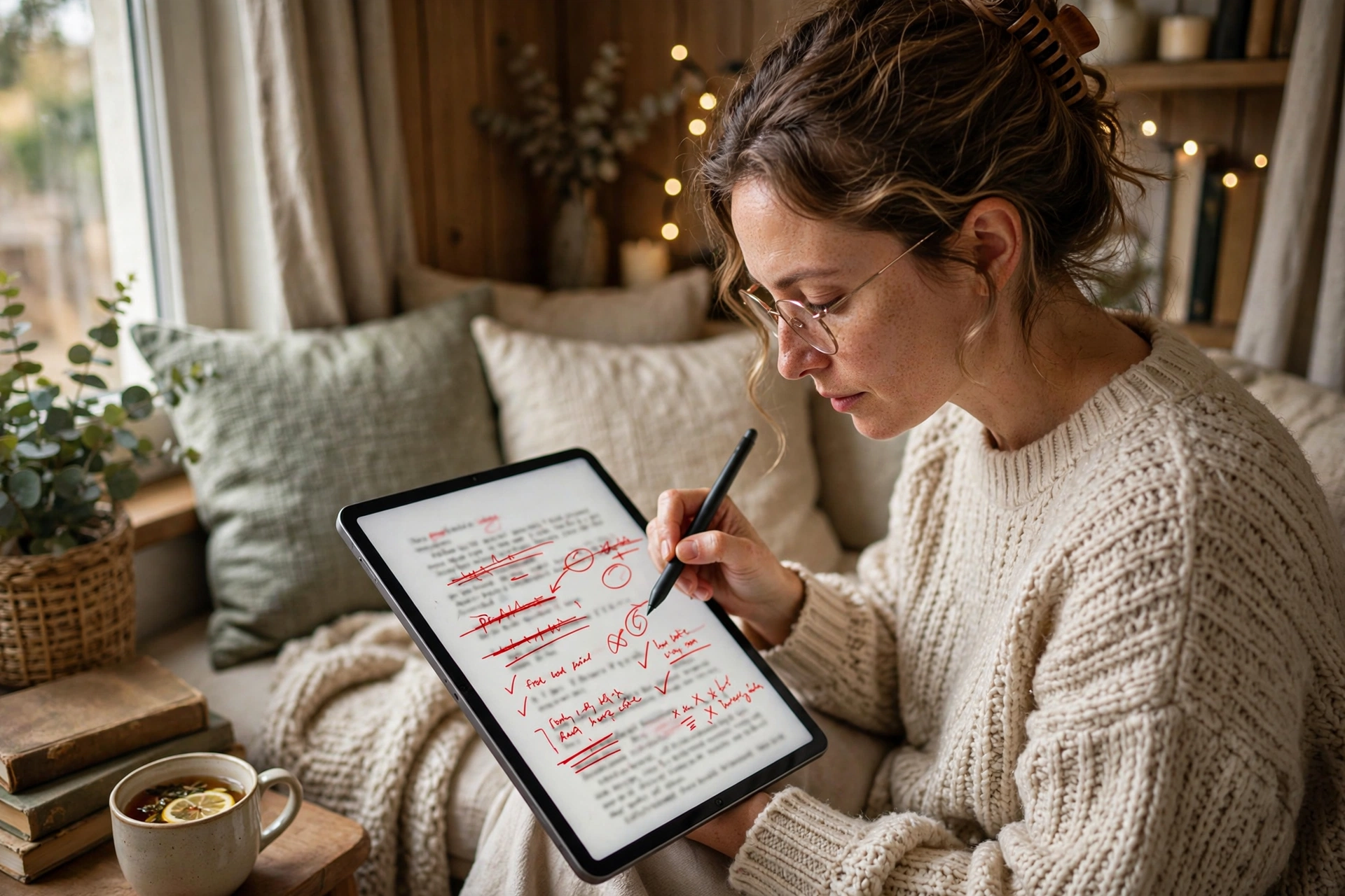 Proofreader reviewing an ebook manuscript on a tablet