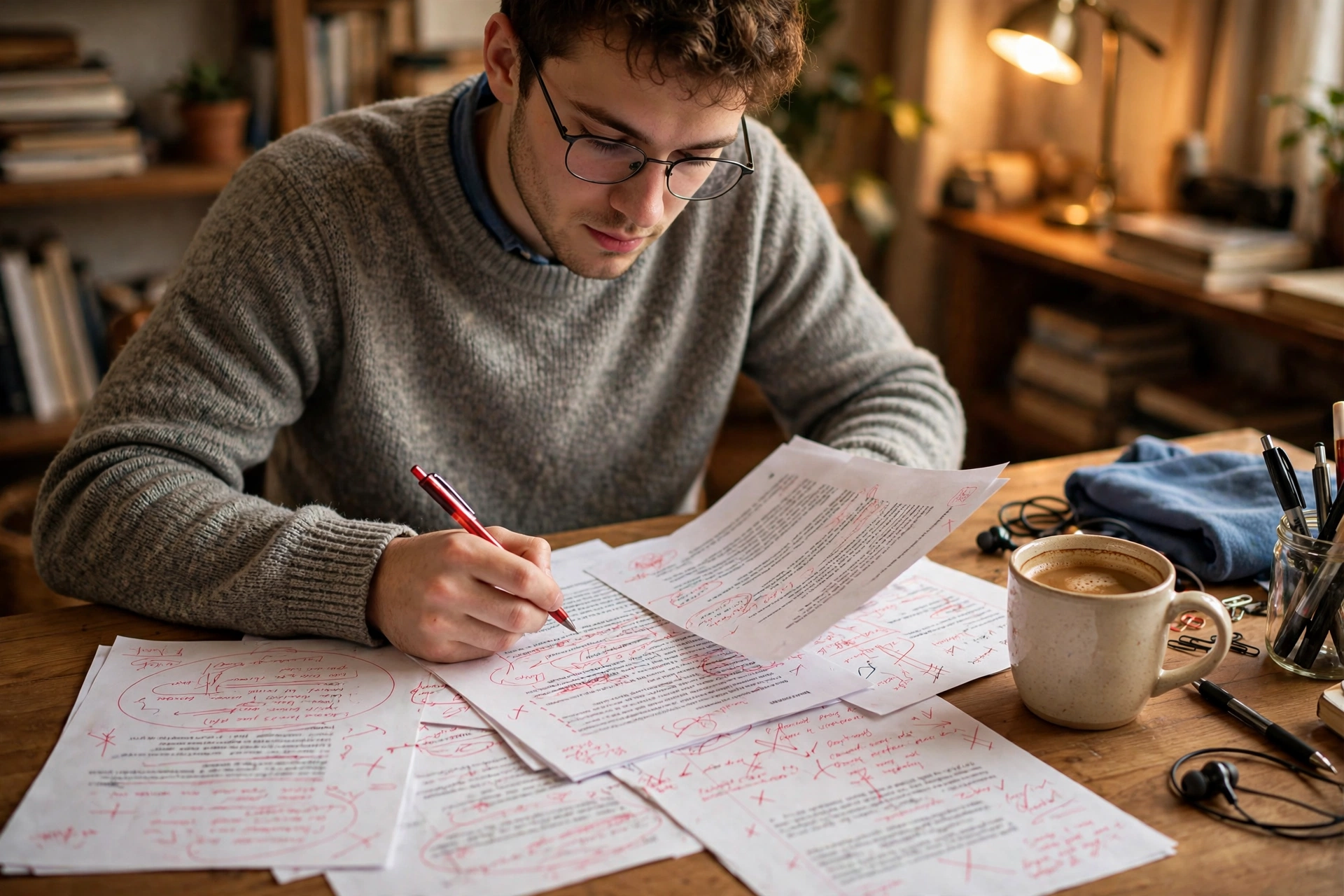 Student reviewing a printed essay with a red pen