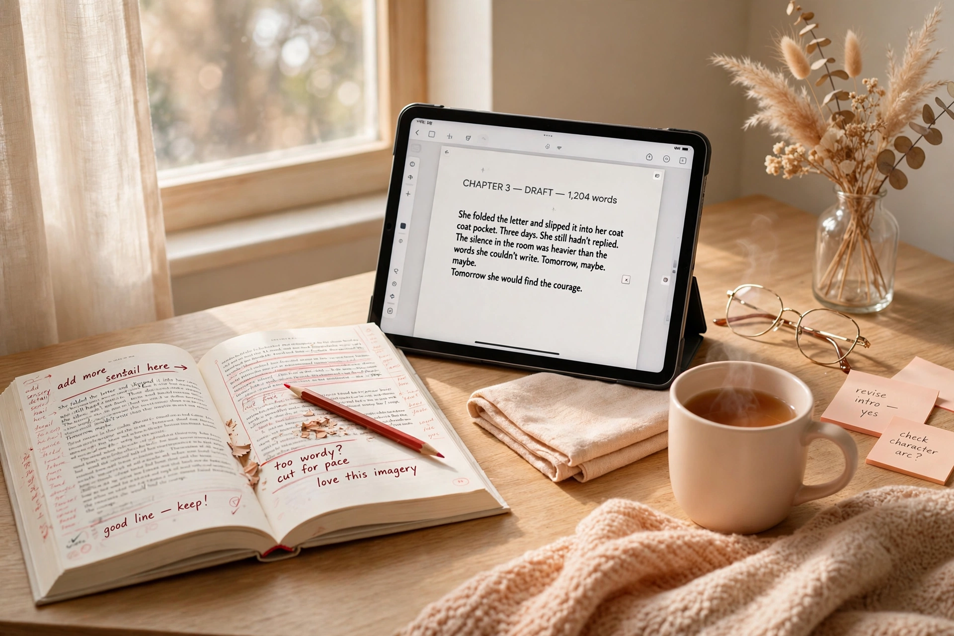 Open book with proofreading marks, tablet with manuscript, and reading glasses