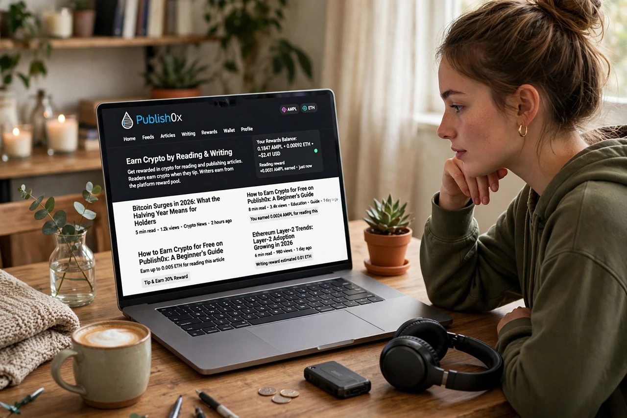 Publish0x platform showing crypto tips earned for reading articles