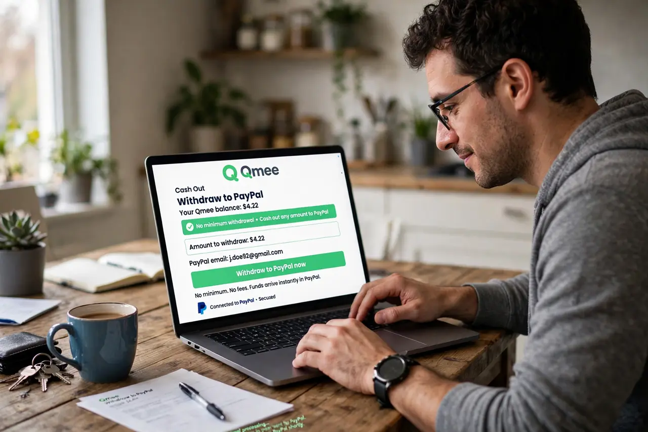 Person withdrawing a small Qmee balance to PayPal with no minimum
