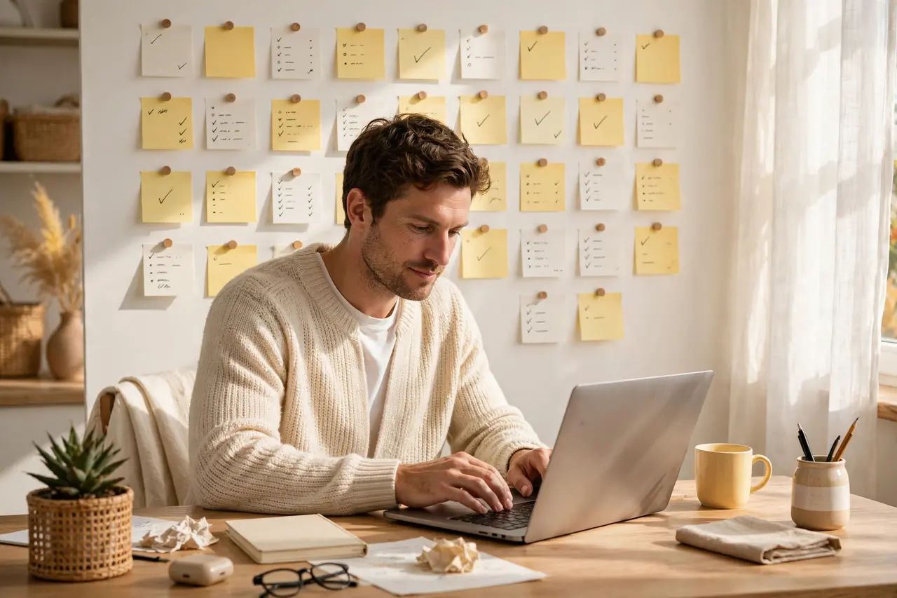 Freelancer typing at a laptop in a sunlit home office with price notes on the wall