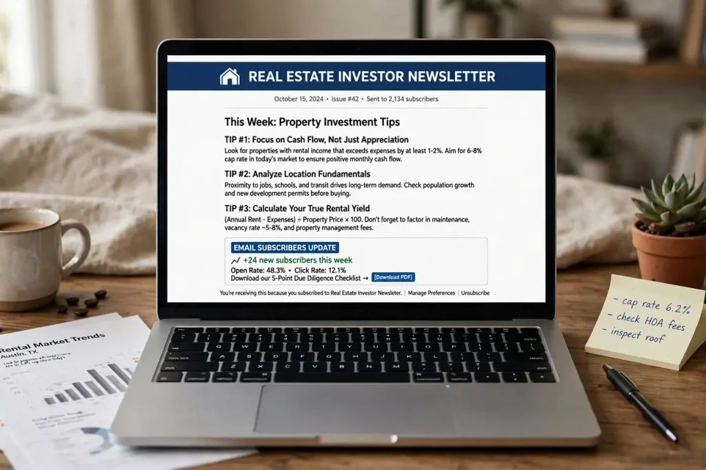 Real estate investment newsletter with affiliate partnerships
