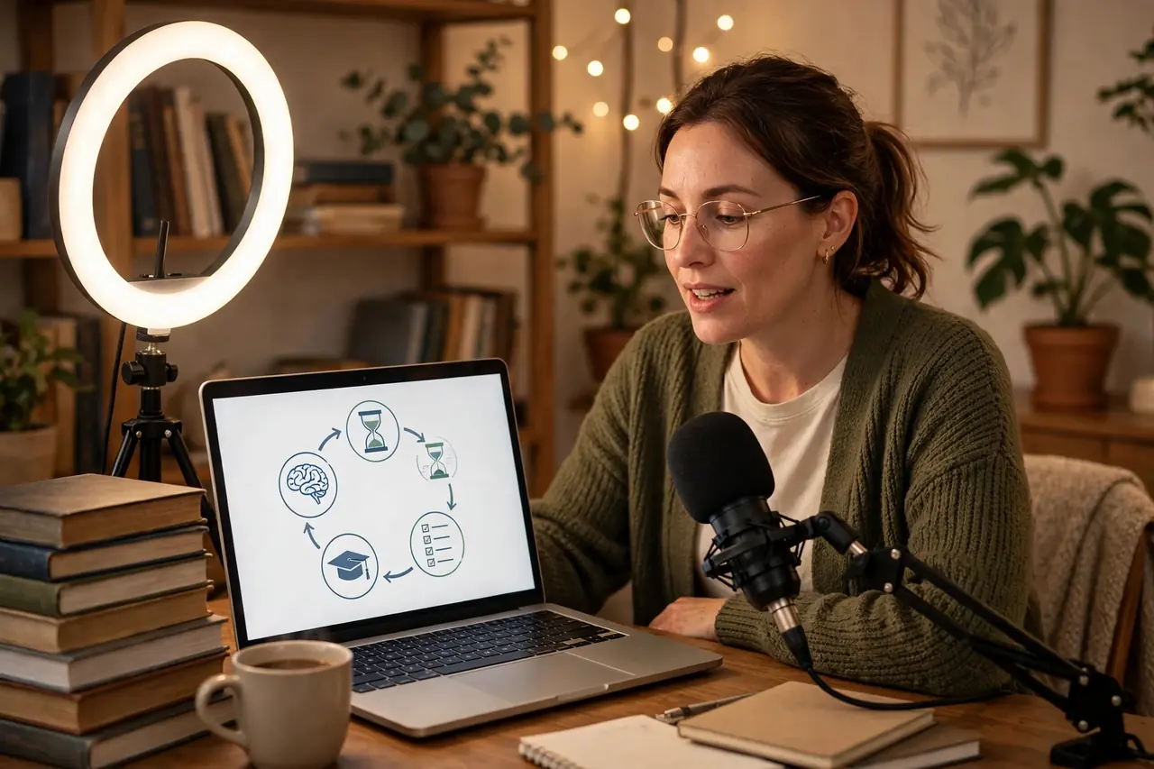Teacher recording an exam-prep video course for passive income