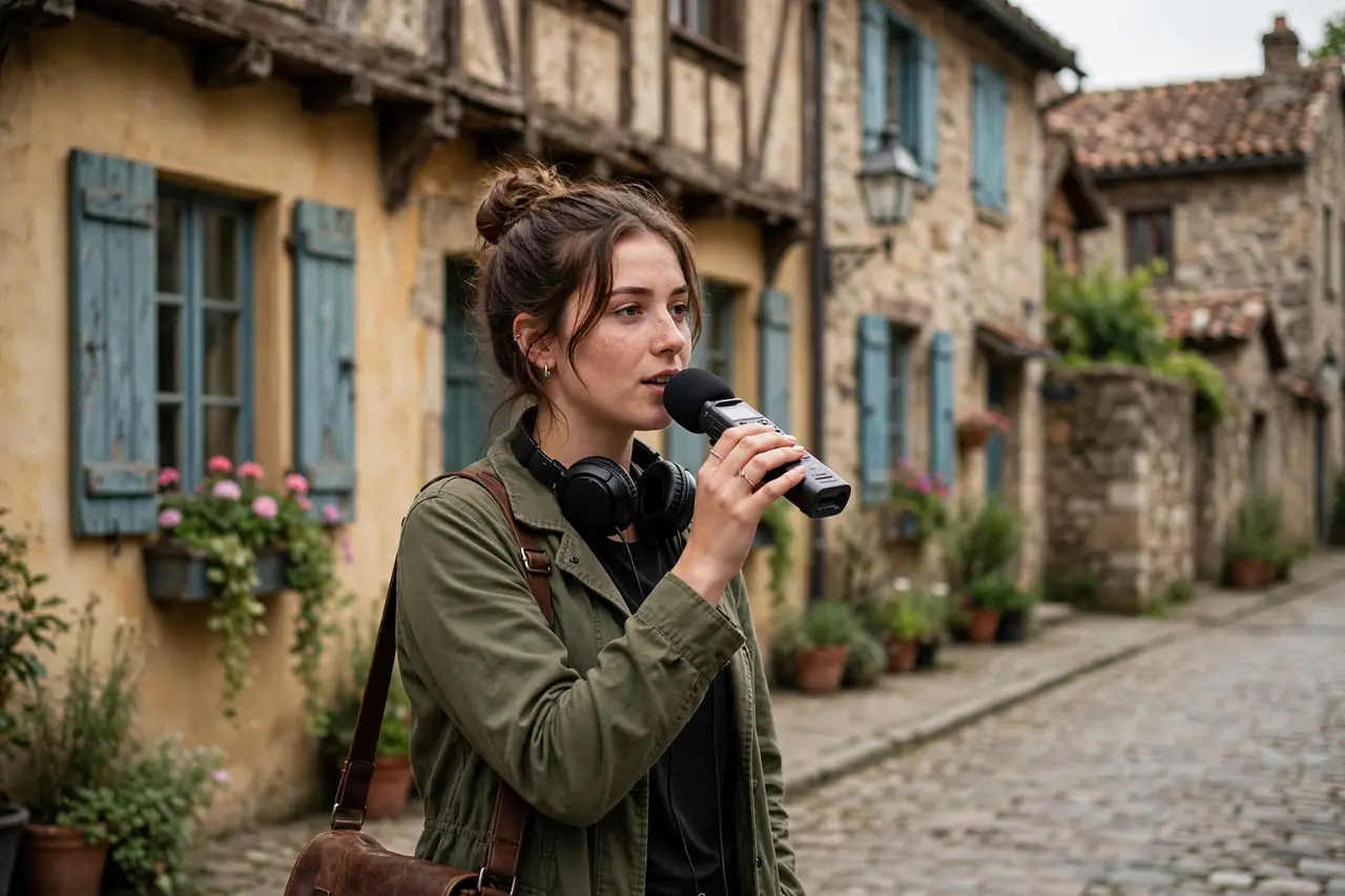 Creator recording an audio walking tour in a historic district