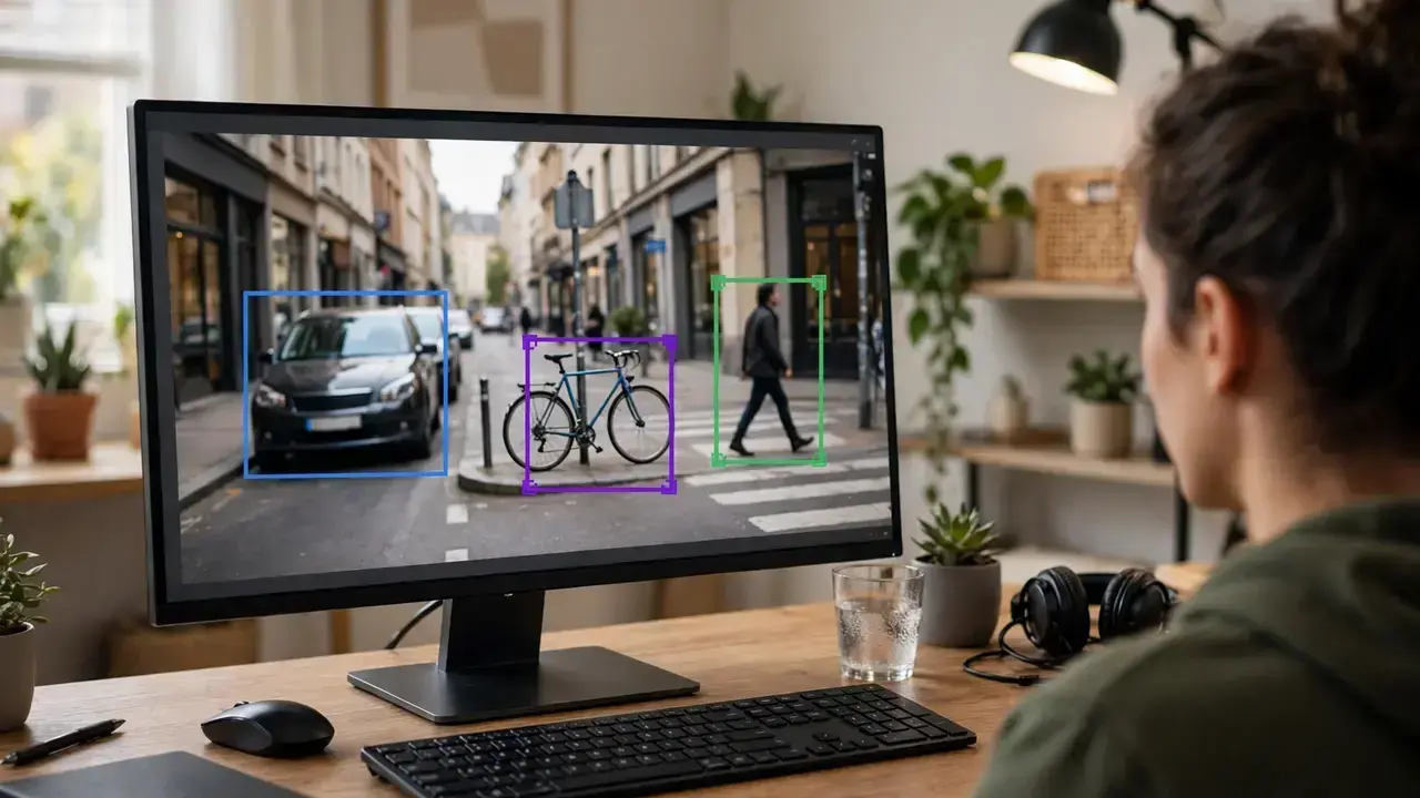 Person labeling objects in images on a computer screen for AI training