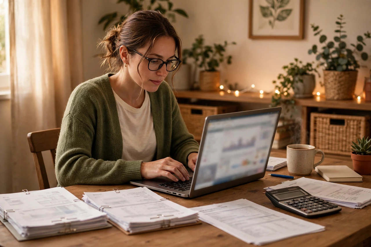 Remote bookkeeper reviewing financial records in accounting software at home