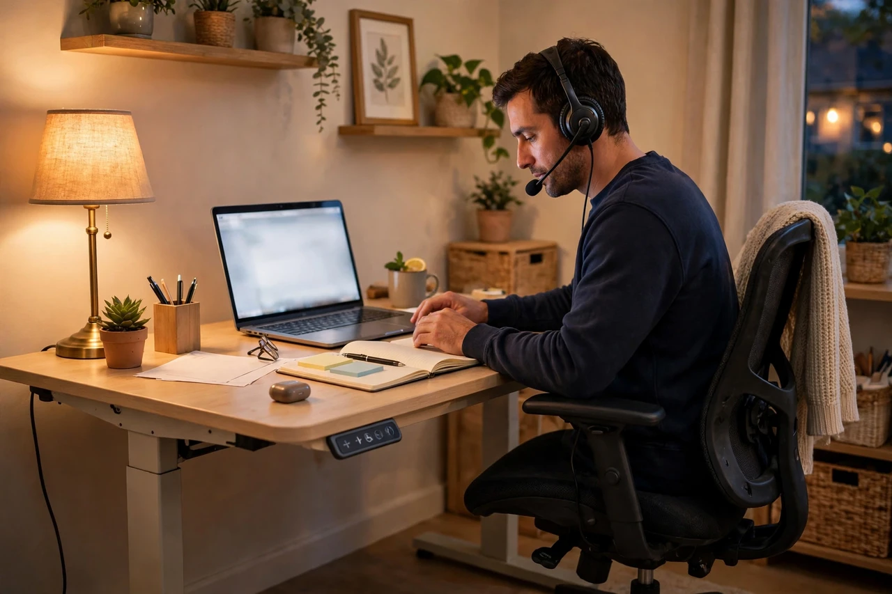 Person with a disability working as a remote customer service rep with a headset at home