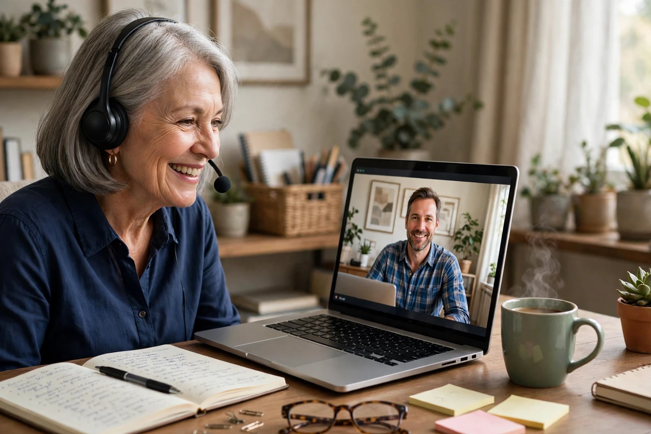 Veteran customer success manager on a video call with a client from home