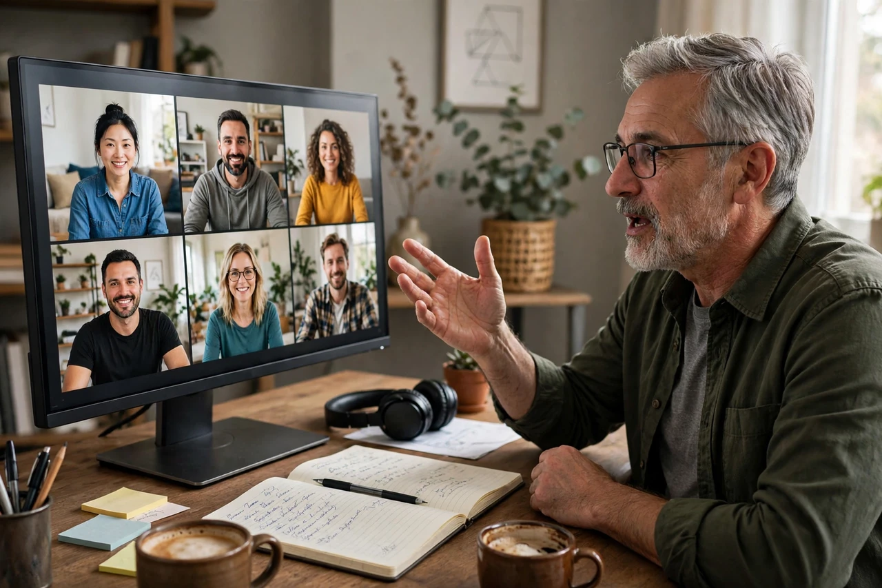 Veteran project manager leading a remote team video meeting from home office
