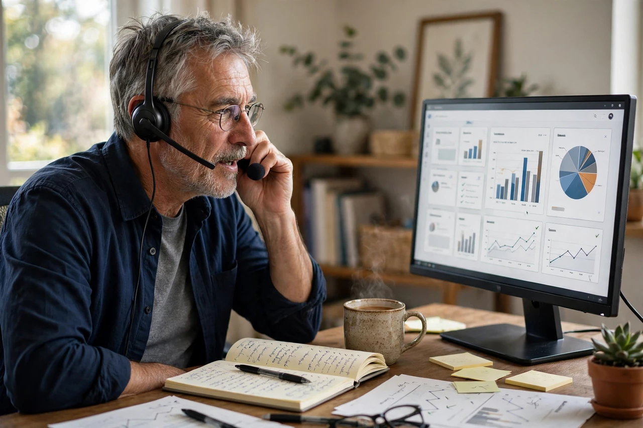 Veteran sales rep making calls with a headset in a home office