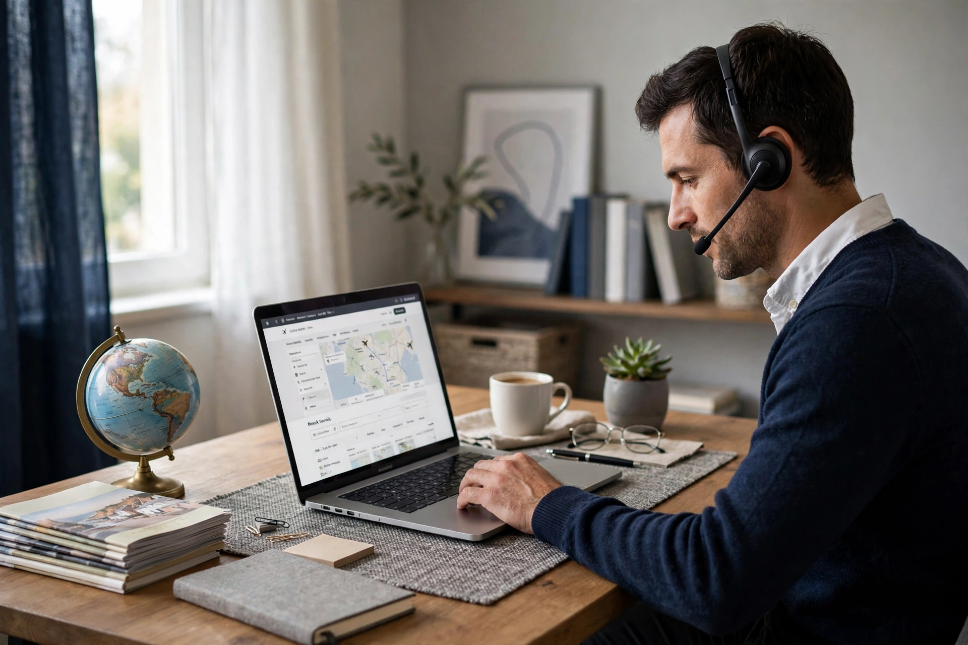 Remote travel reservation agent with a headset booking flights on a laptop with travel brochures on the desk