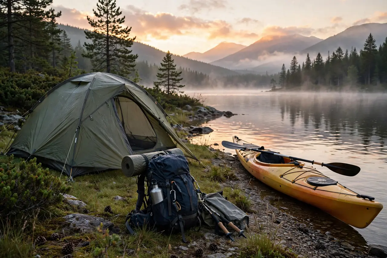 Camping tents and outdoor gear prepared for rental
