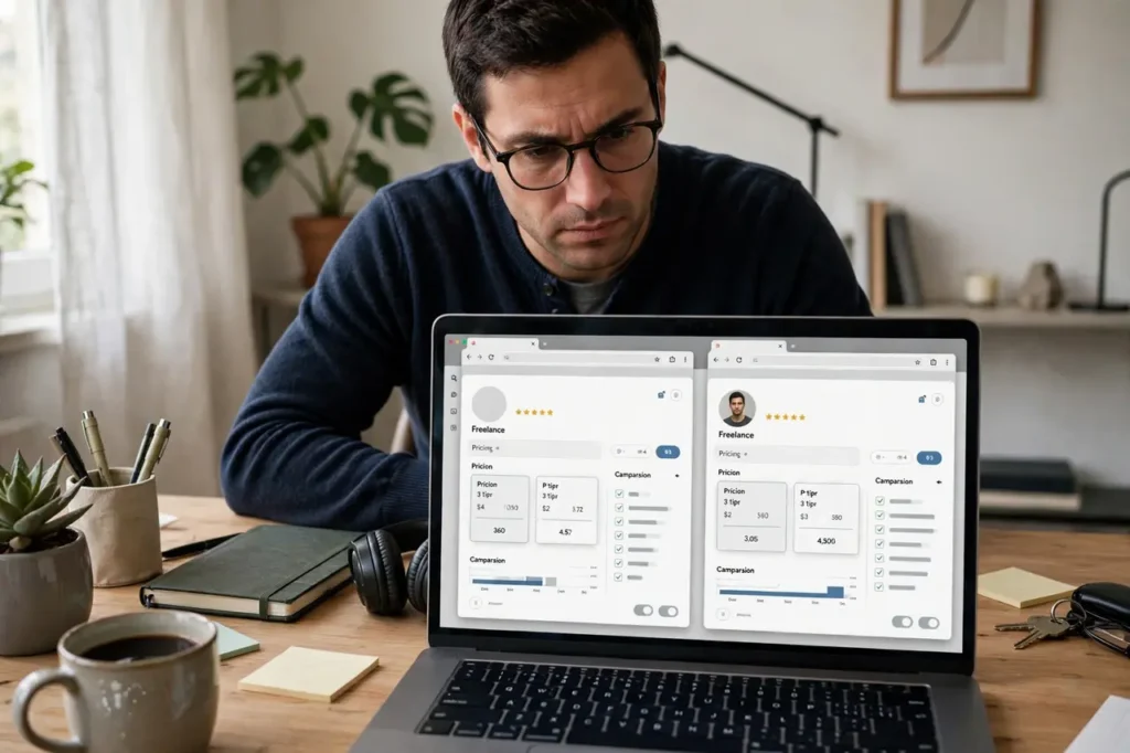 Freelancer comparing competitor pricing on freelance platforms