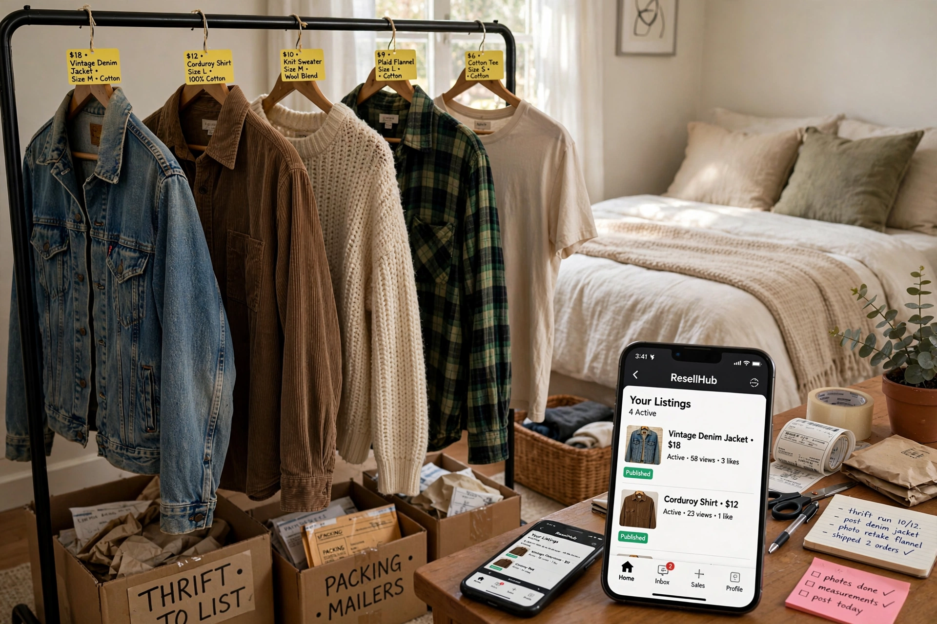 Student photographing thrifted clothes to resell online