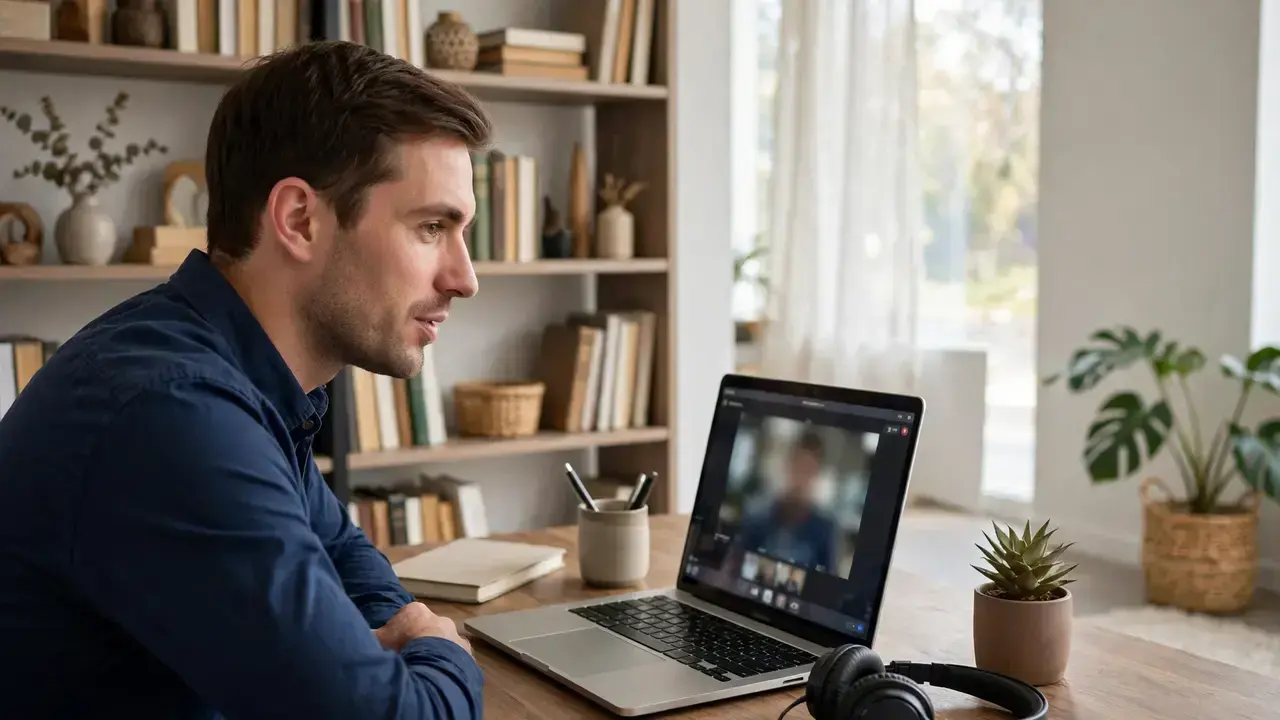 Person on a video call with a laptop in a bright home office