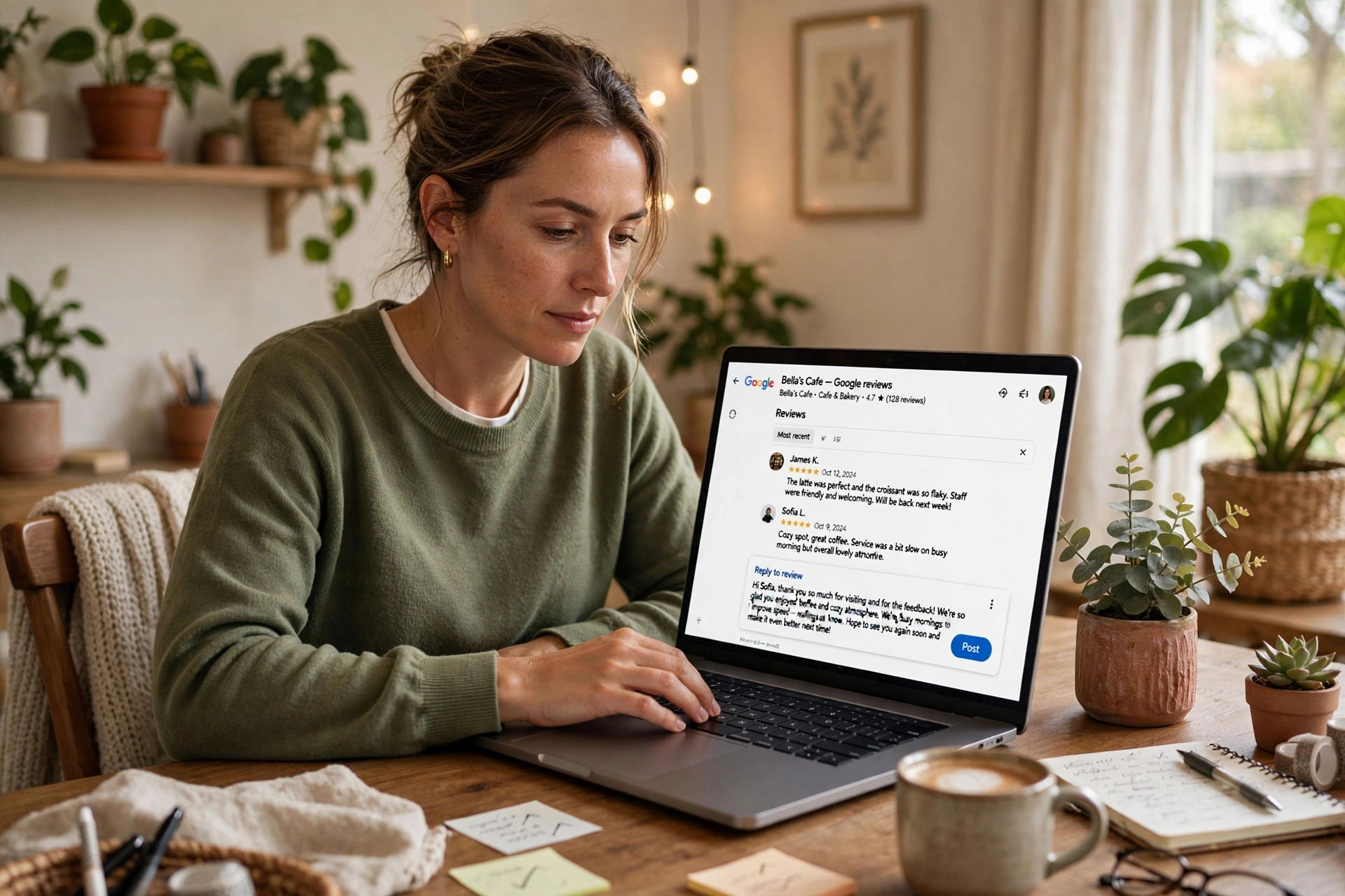Freelancer writing responses to customer reviews for a local business
