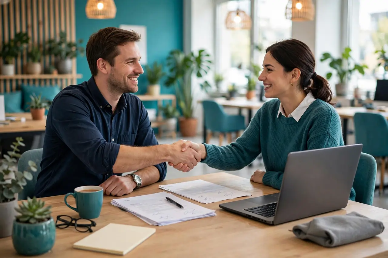Two people shaking hands across a desk in a bright co-working space