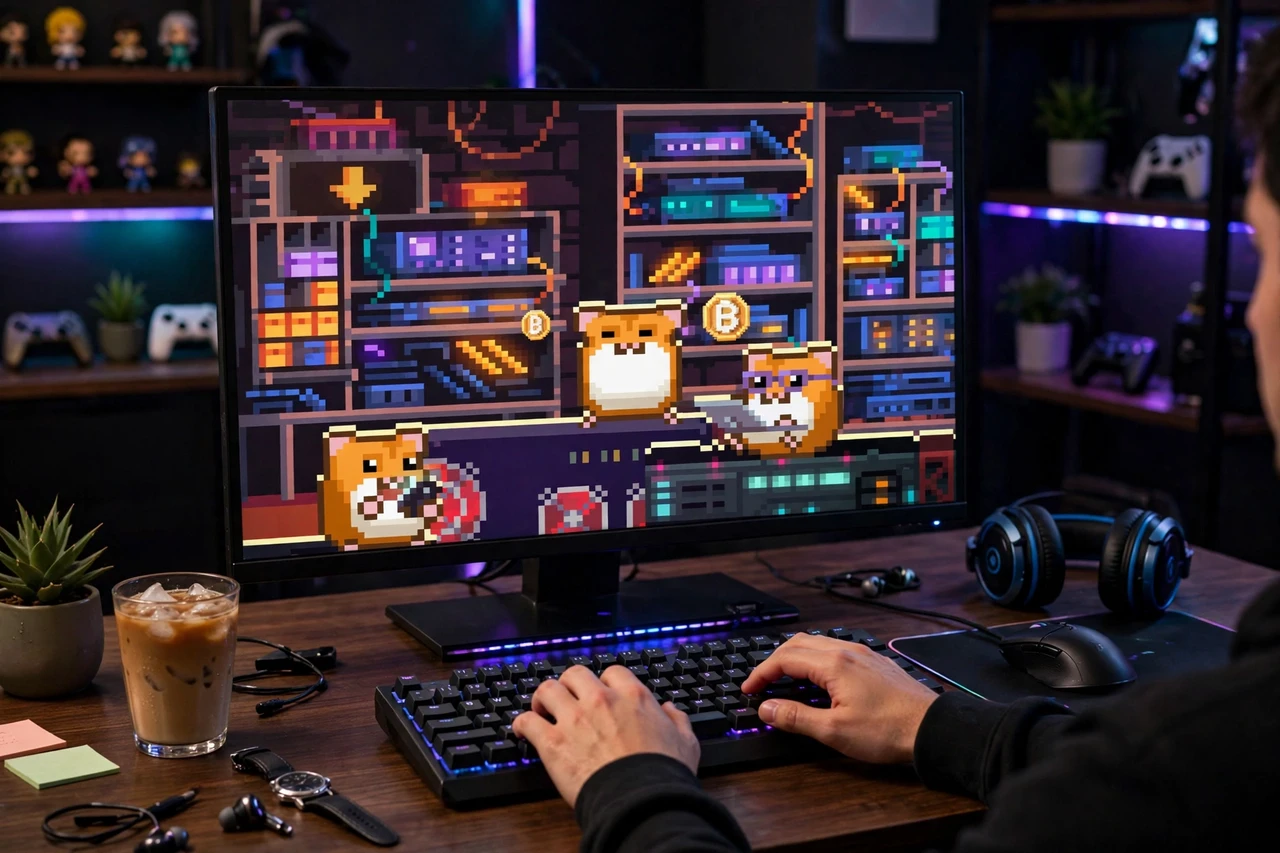 RollerCoin mining game interface showing earned crypto on a laptop