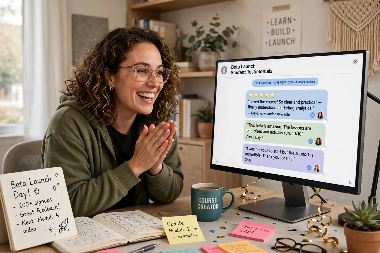 Beta launch of an online course gathering student testimonials