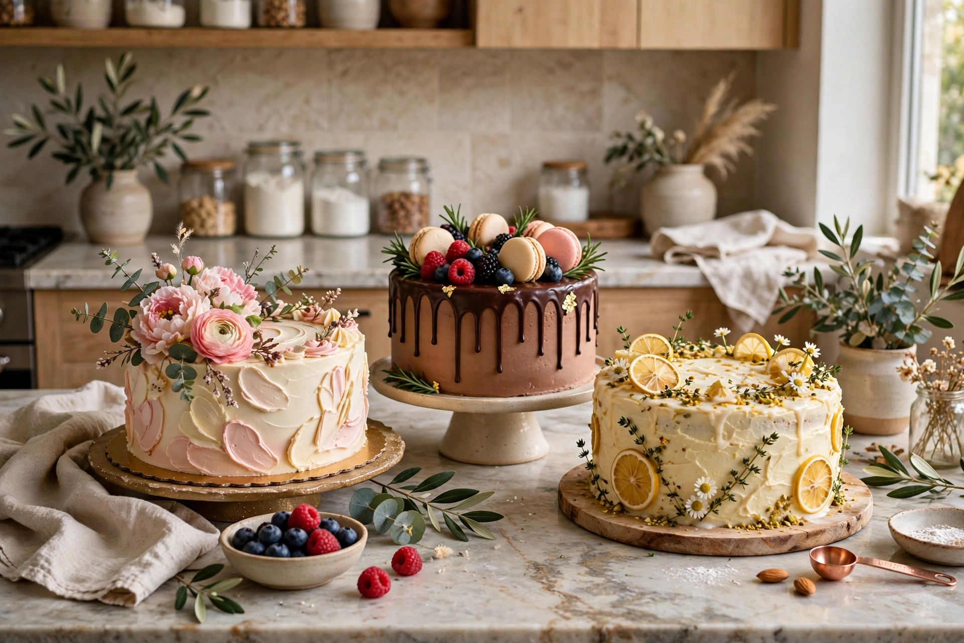Beautiful custom decorated cakes on a kitchen counter