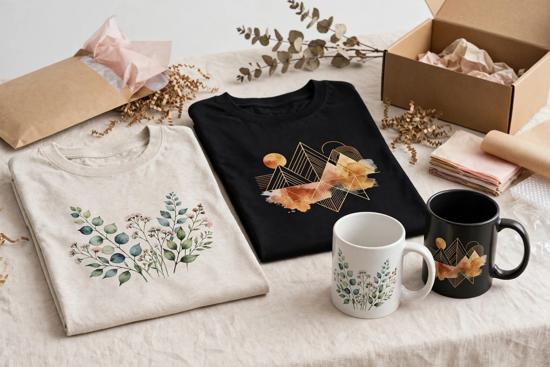 Print-on-demand t-shirt designs displayed online