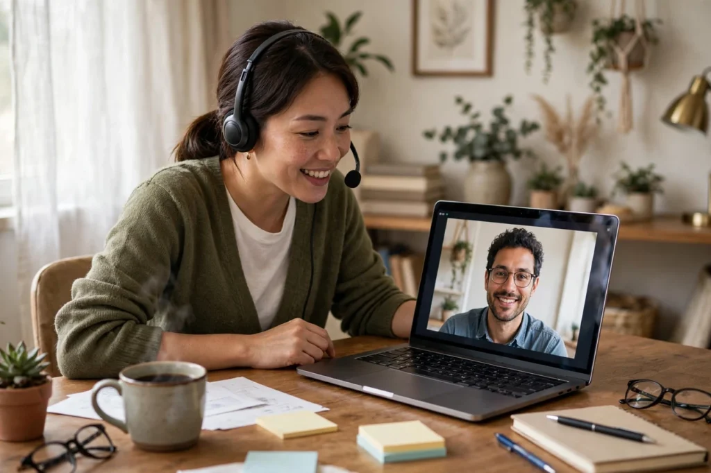 Remote onboarding specialist guiding a new software user over video call
