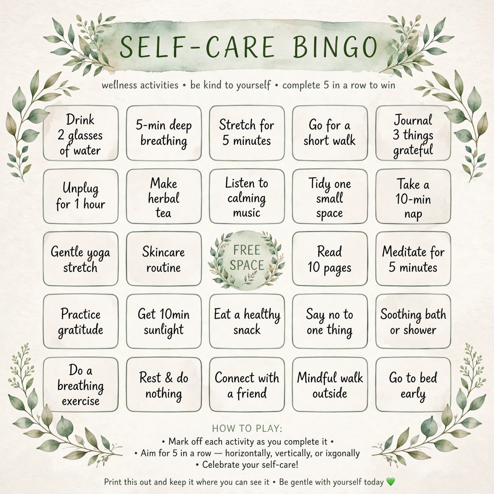 Self-care bingo card printable with wellness activities