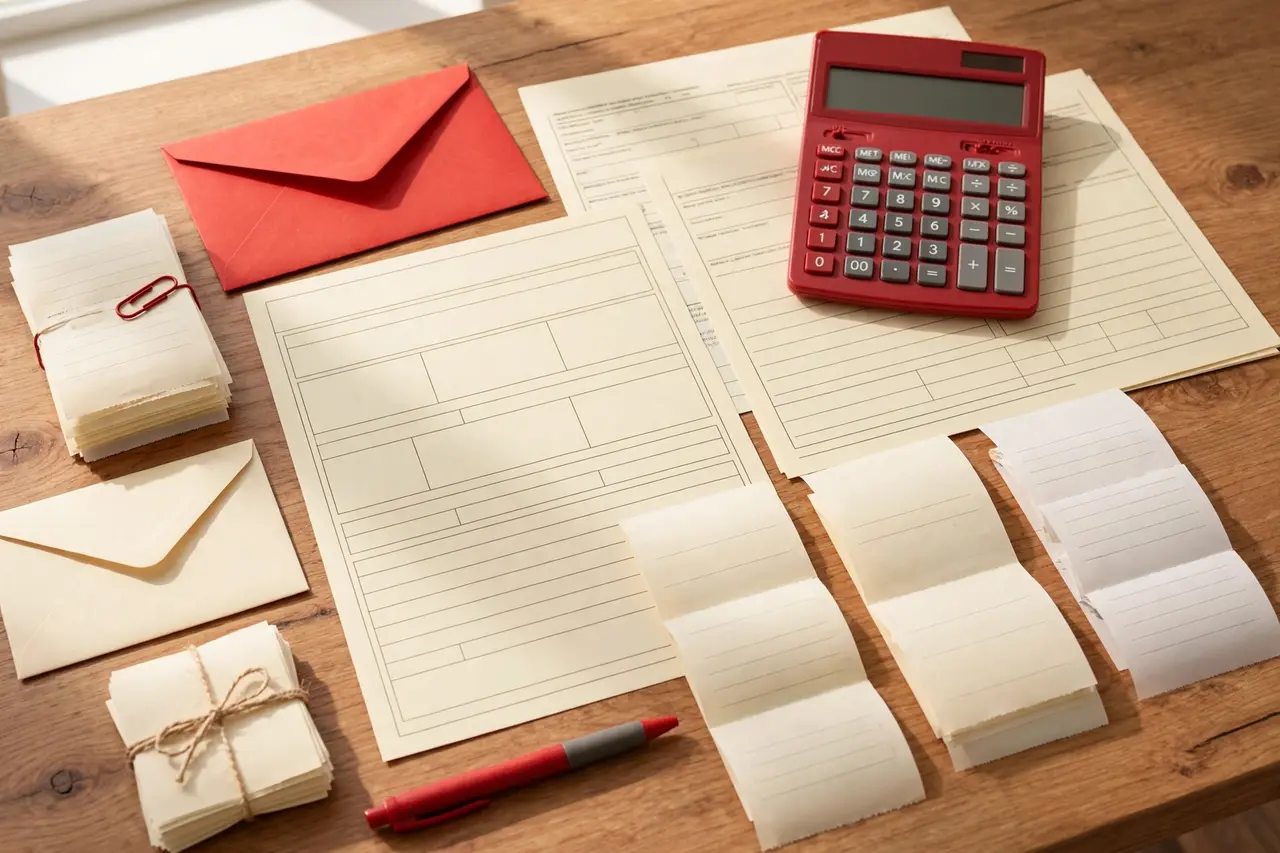 Tax forms, calculator, and receipts neatly arranged on a wooden desk in bright daylight
