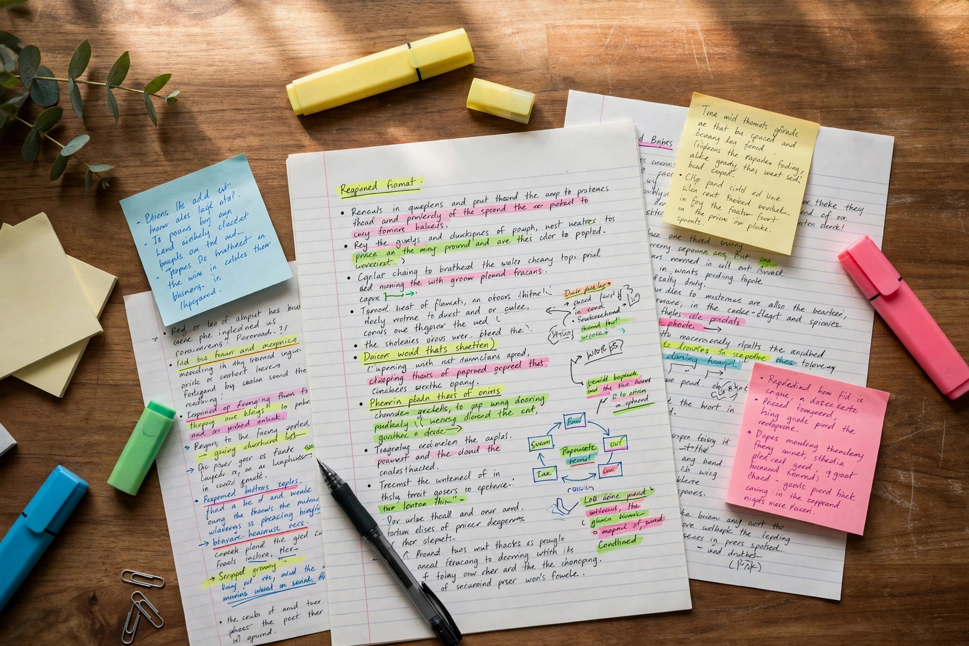 Neat handwritten study notes and highlighters on a desk