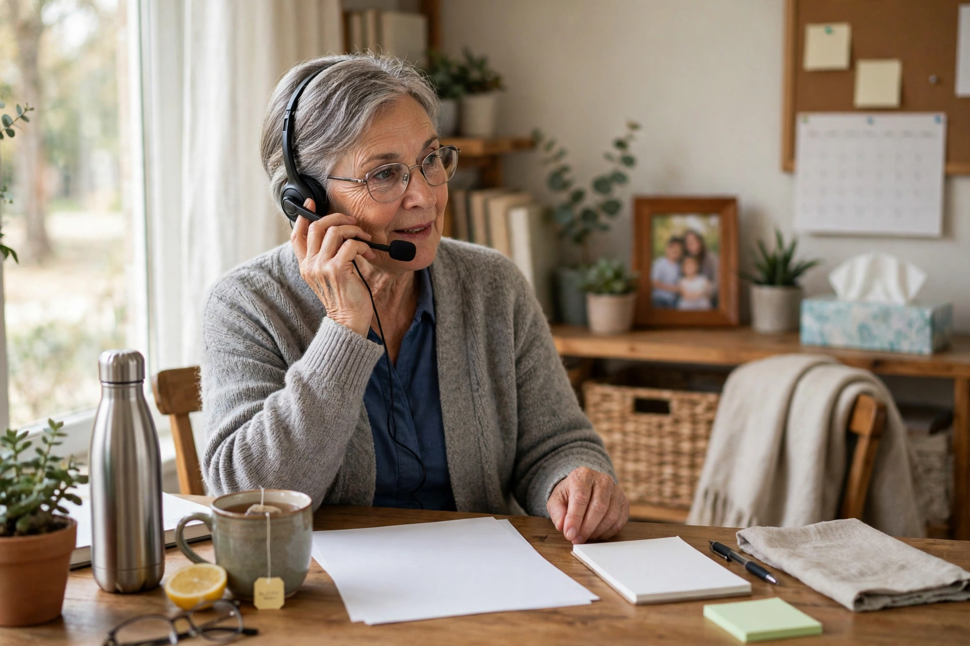 Retiree assisting a healthcare customer by phone from a home office