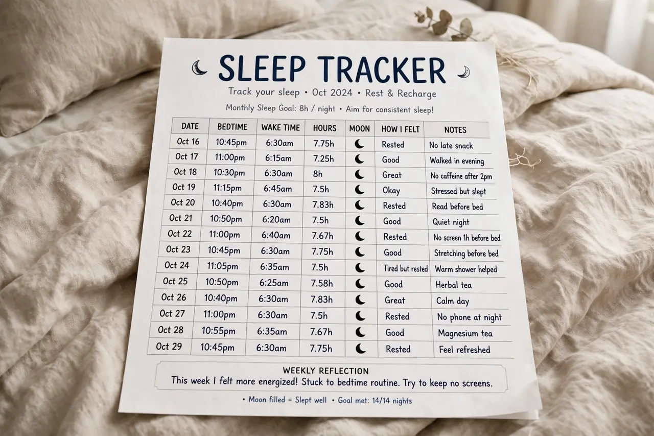 Sleep tracker printable with moon icons filled in beside a bed