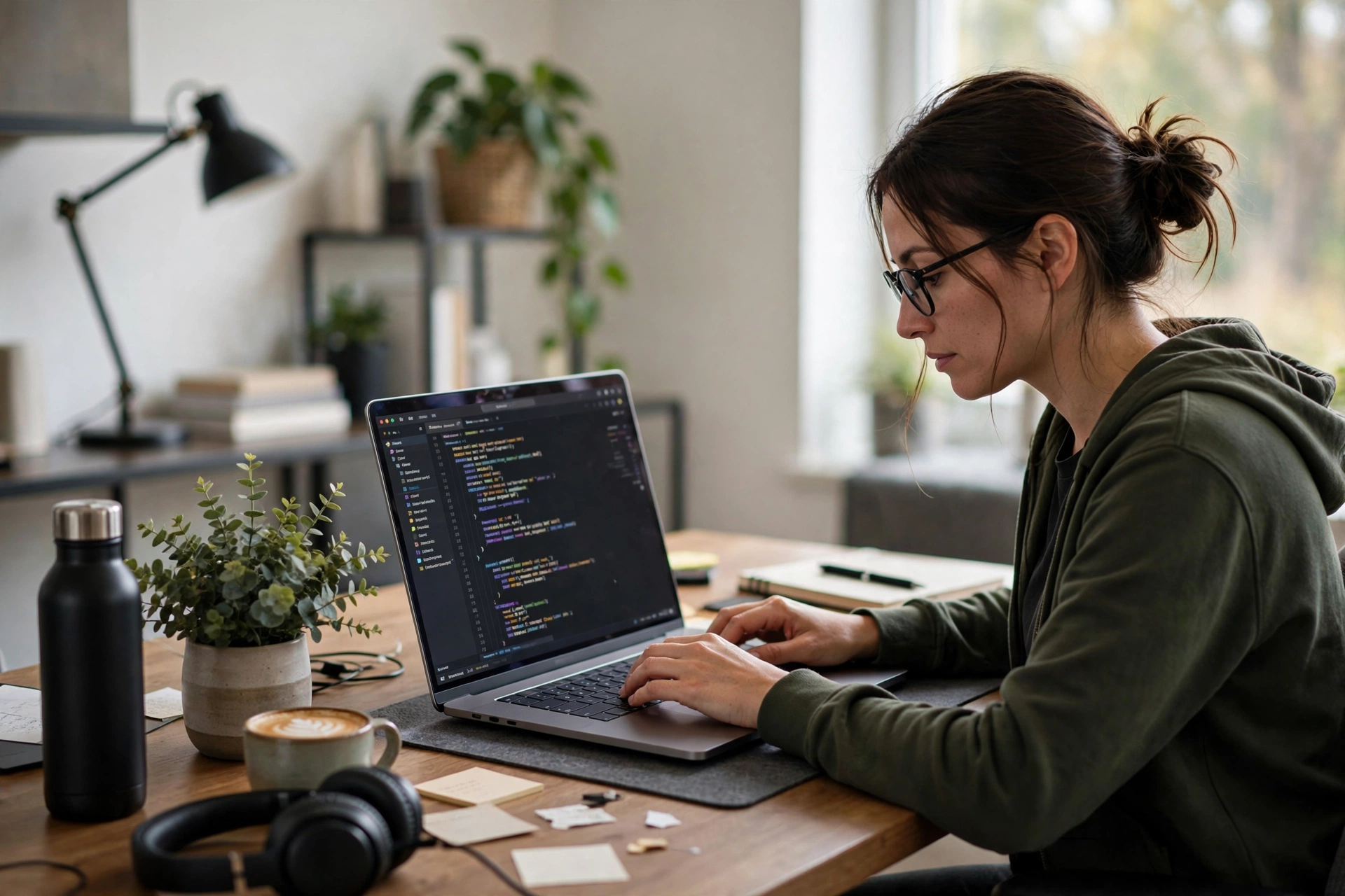 Remote software developer writing code on a laptop at a home office