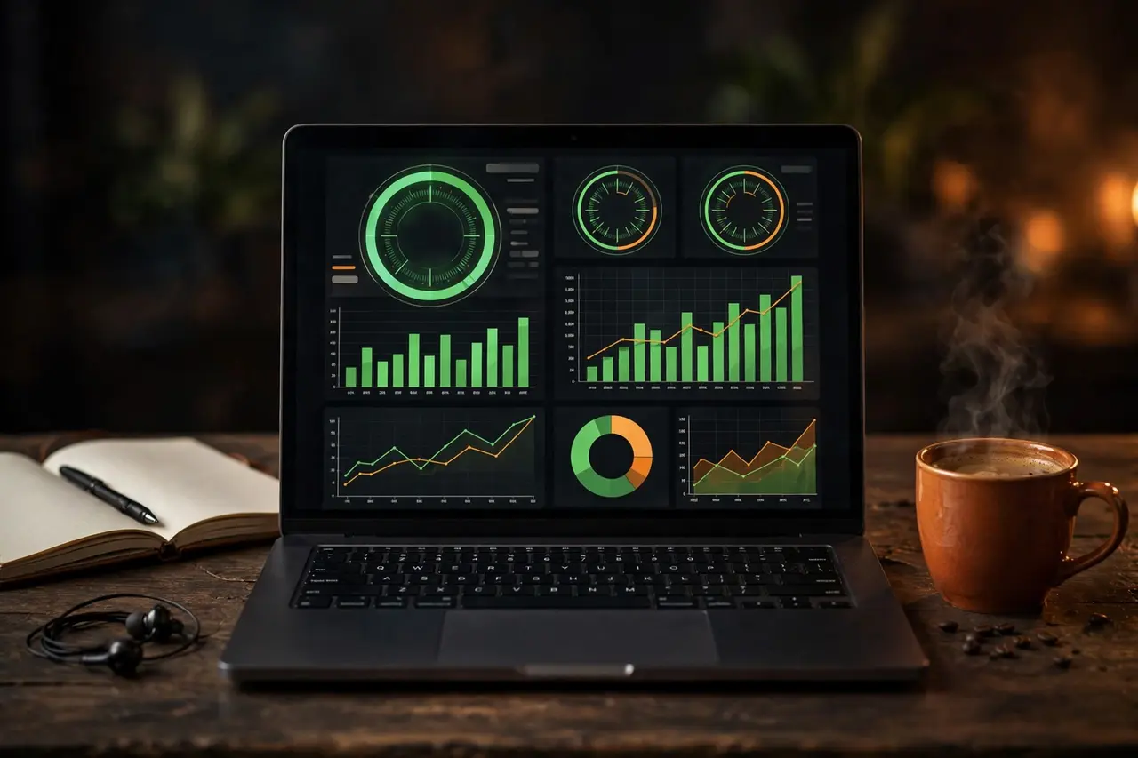 Laptop showing website speed test results and performance dashboard
