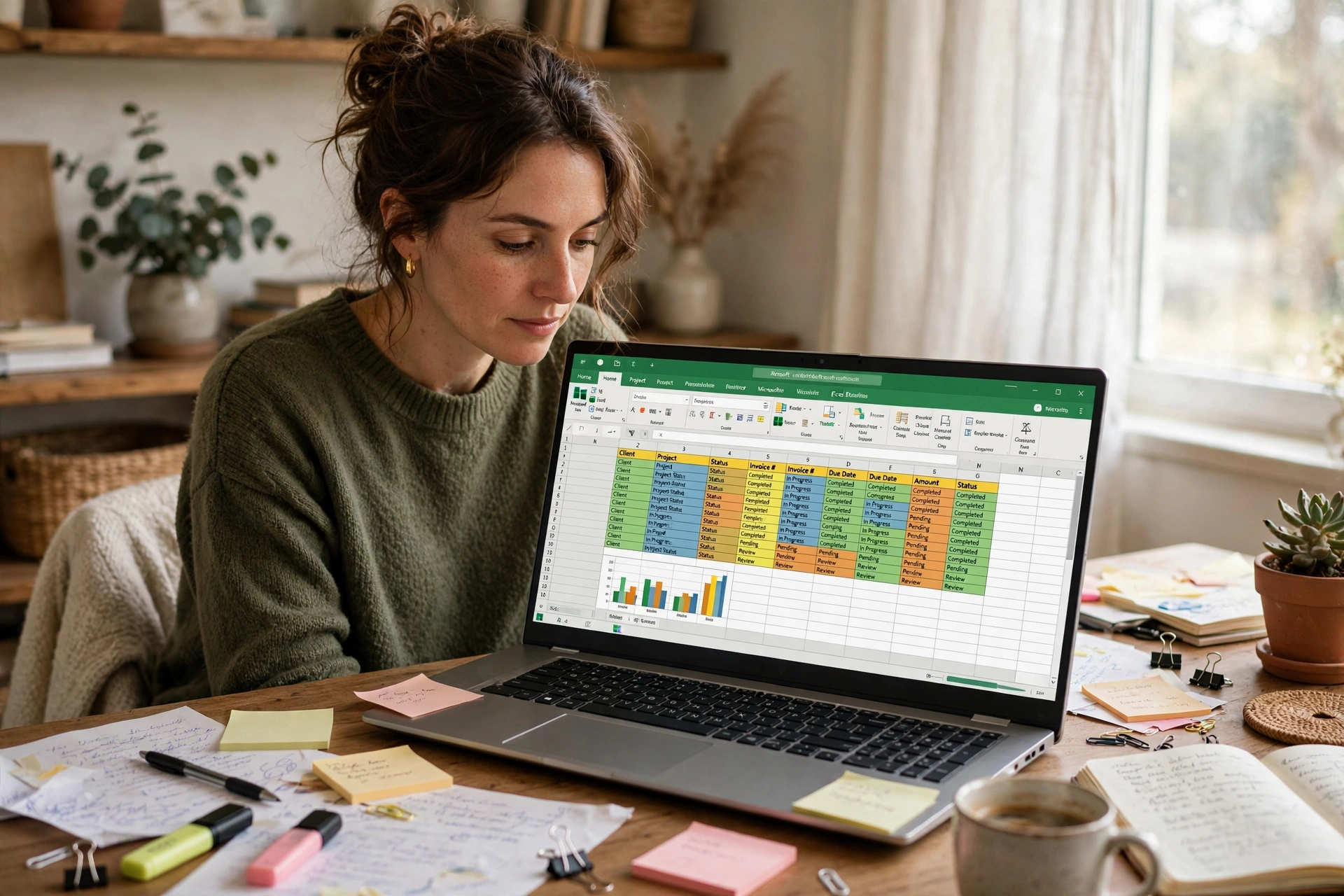 Freelancer organizing messy spreadsheet data from home