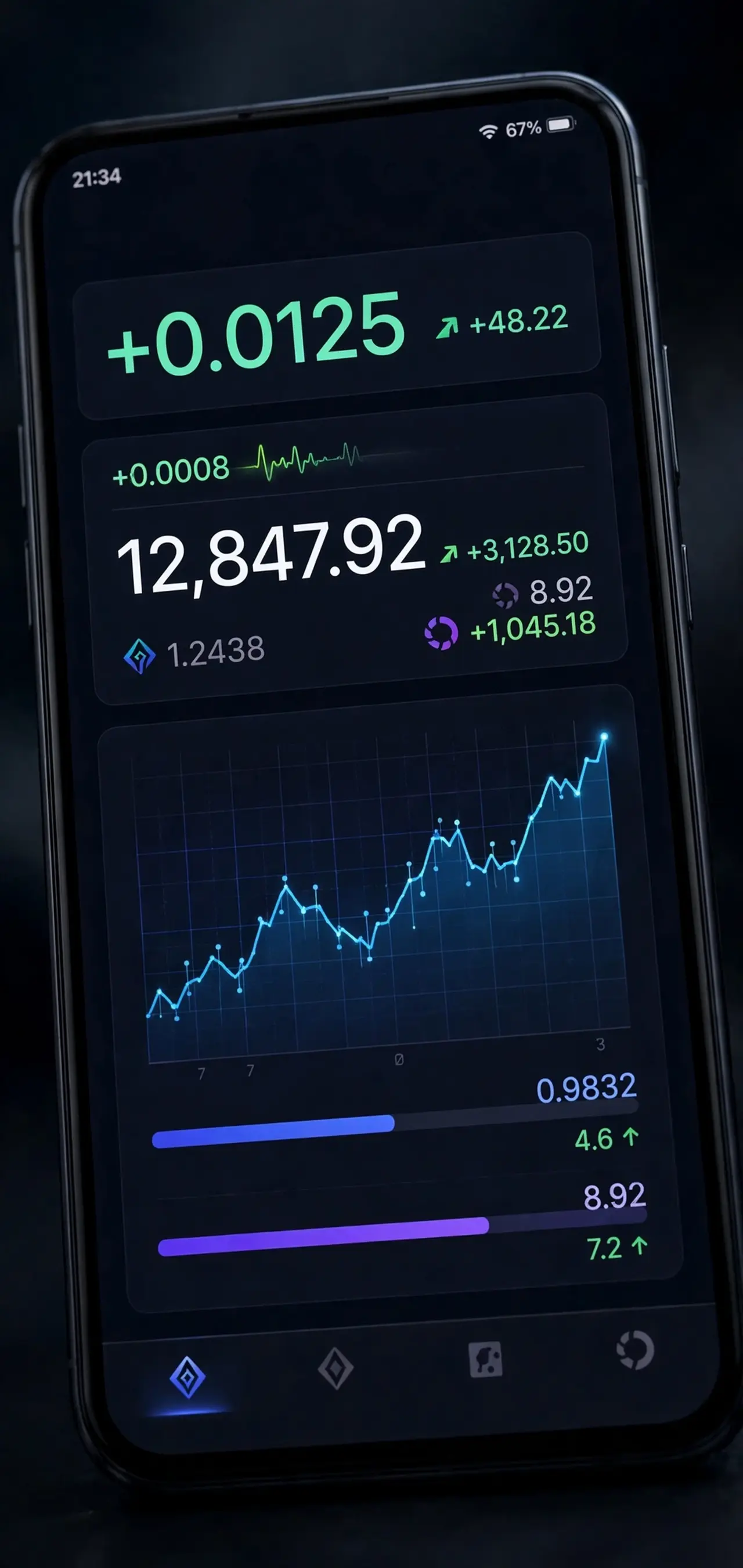 Mobile crypto wallet app showing staking rewards accumulating