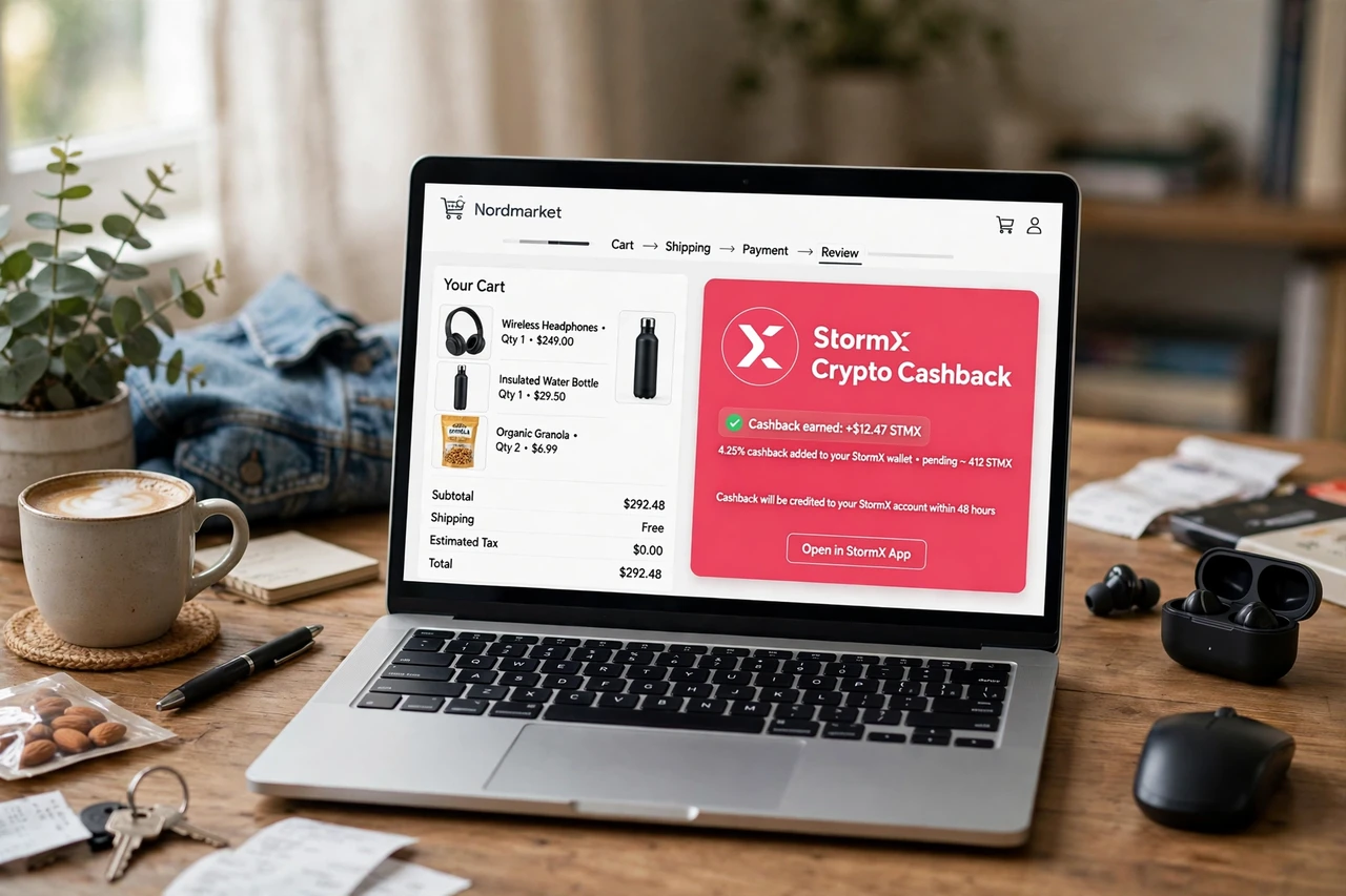 StormX app displaying crypto cashback earned from online shopping