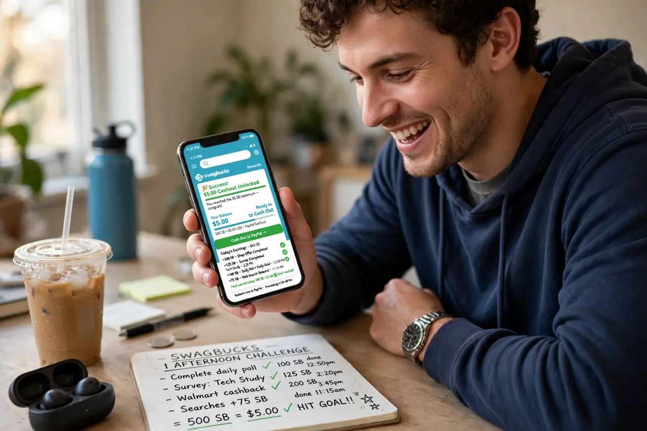 Person reaching the $5 Swagbucks minimum in one afternoon