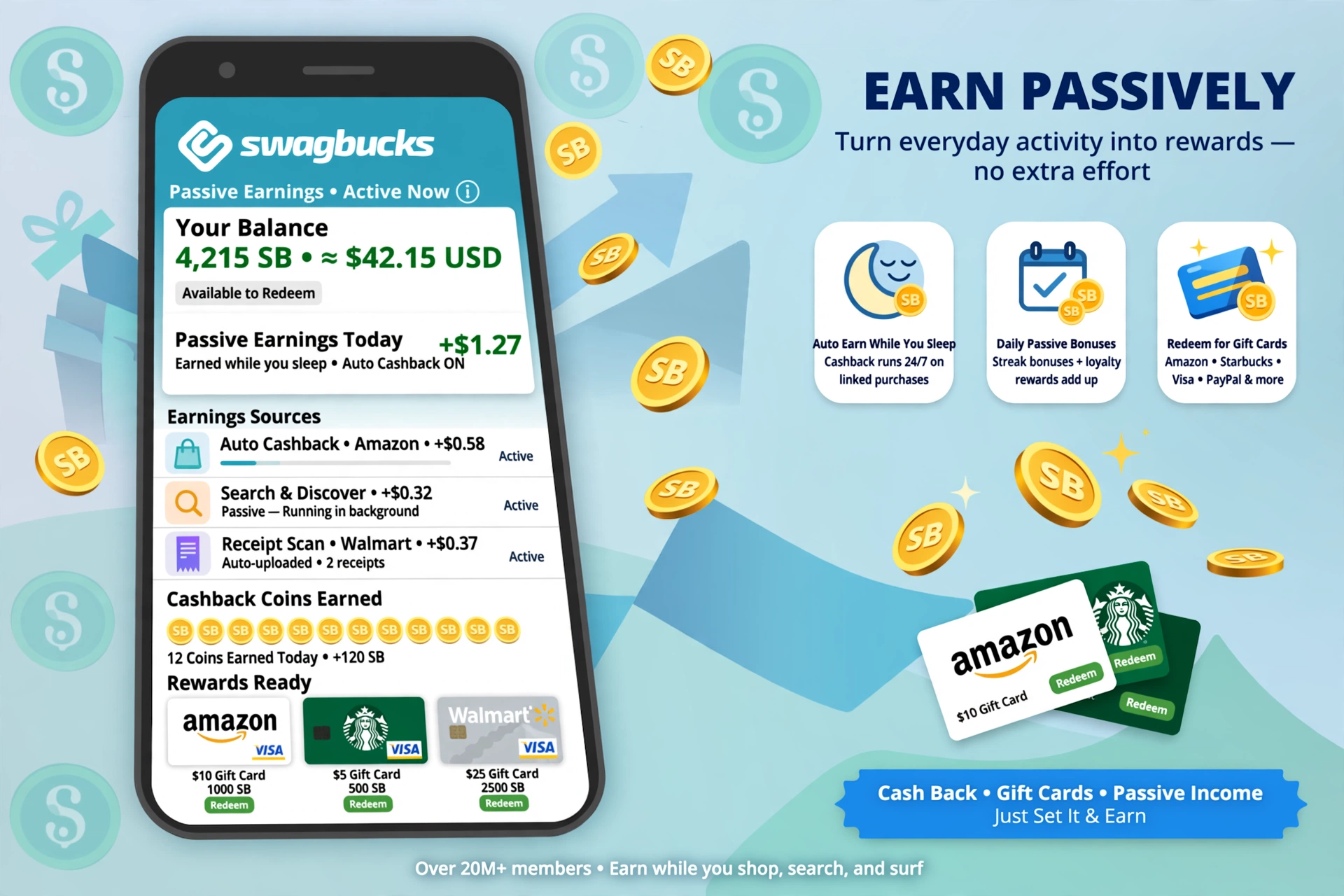 Swagbucks app earning passive cashback rewards