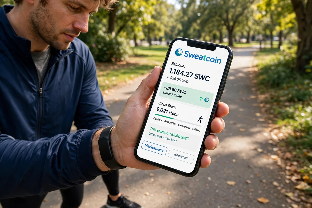 Sweatcoin app tracking steps and crypto earnings on a phone during a walk