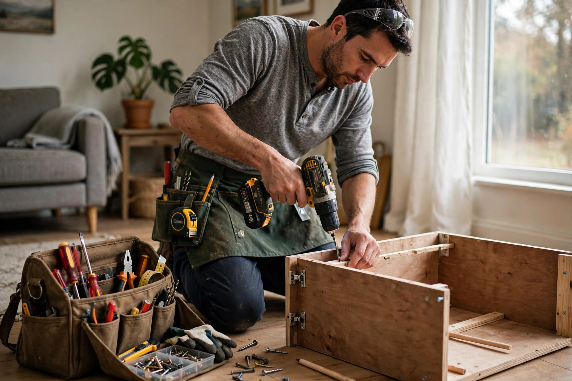 Handyman assembling furniture for a TaskRabbit job