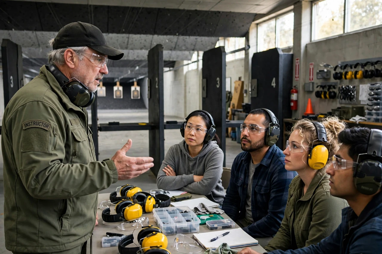 Veteran instructor teaching a firearms safety class at an indoor range