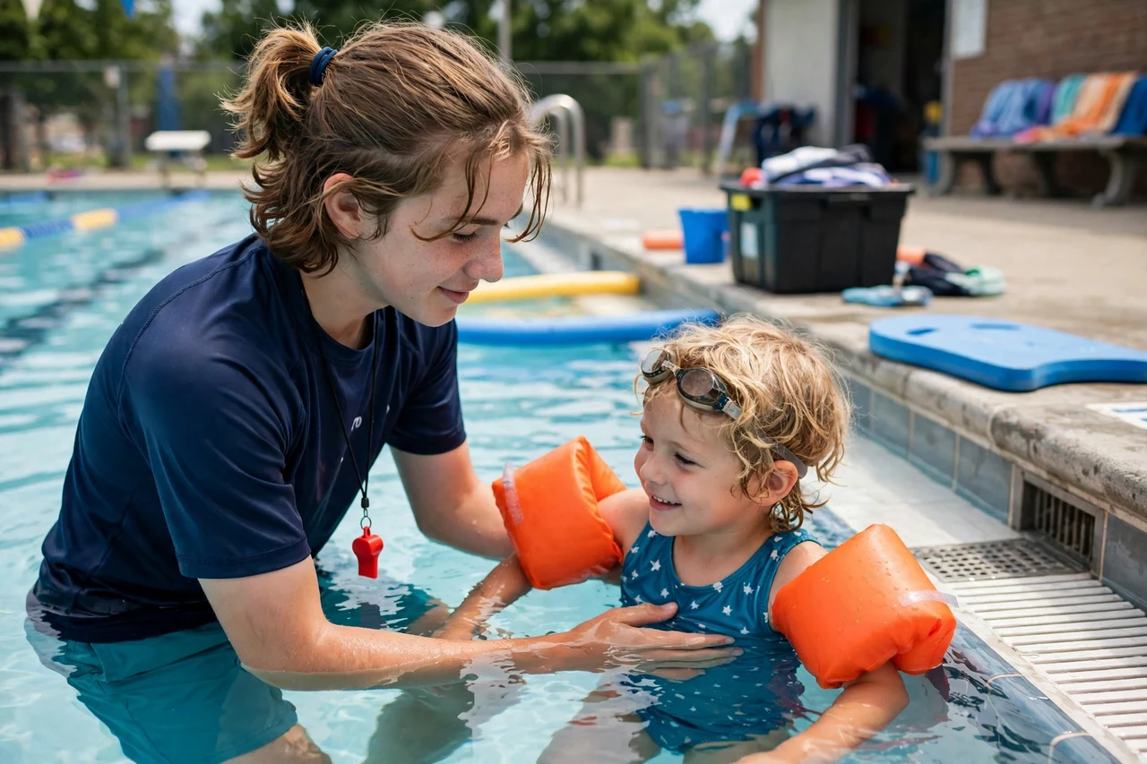 Teen swim instructor guiding a young child in a community pool