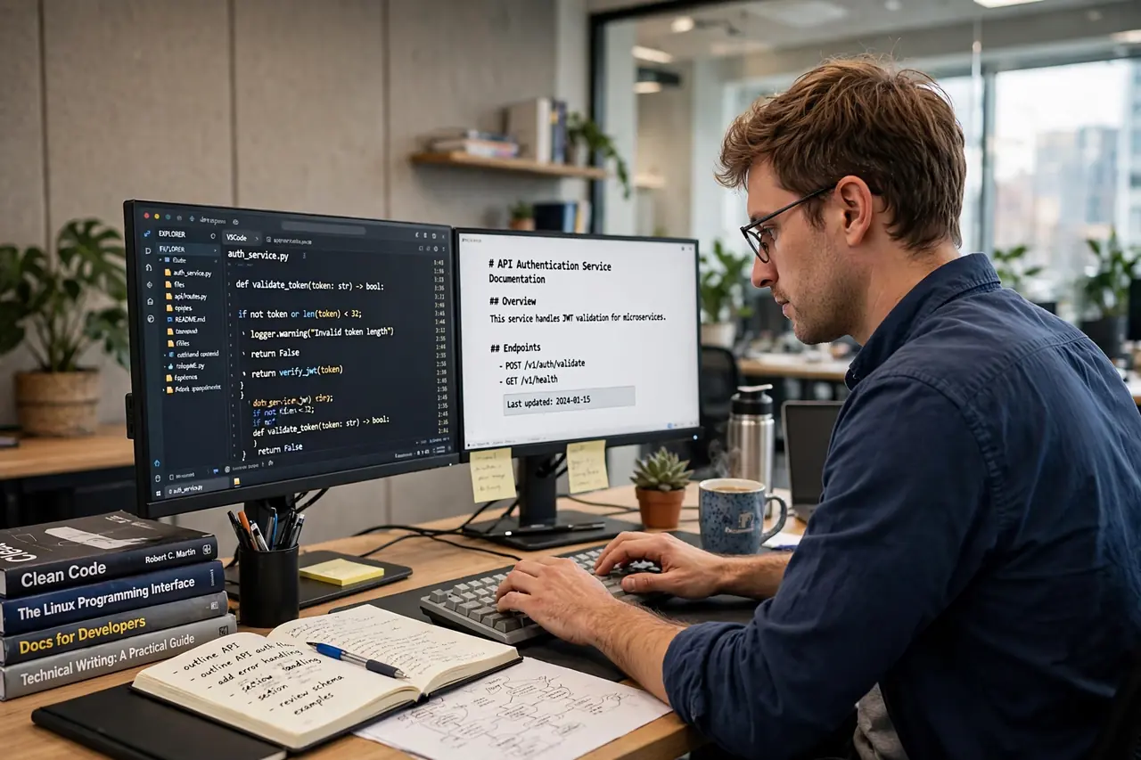 Technical writer creating software documentation with AI assistance